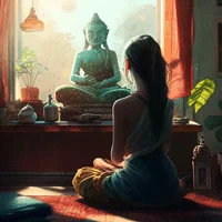 niña meditando con cuencos tibetanos